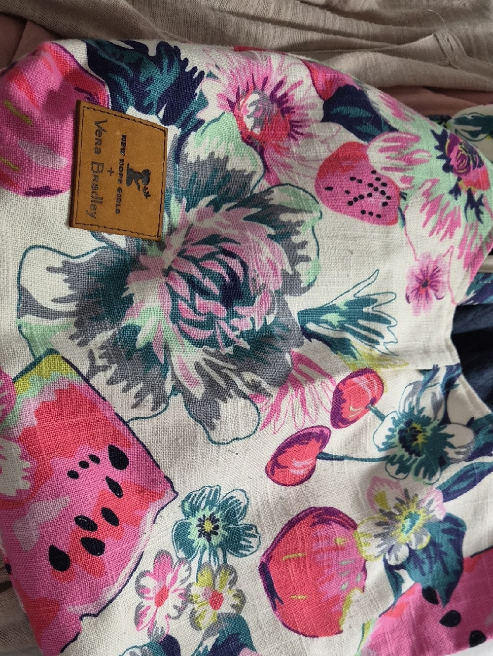 Vera Bradley Floral & Watermelon Canvas Tote - Pink, Teal & Gray Accents